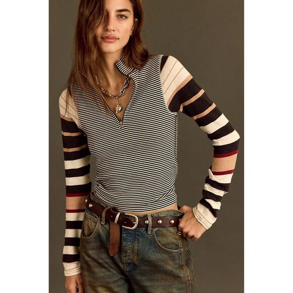 Free People We The Free Avery Long Sleeve Blouse Top Striped fitted S NEW 284732